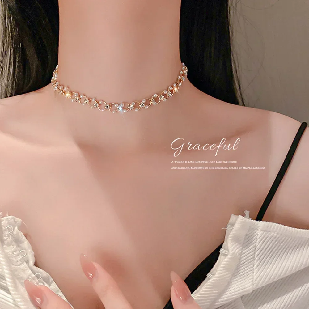 Women Simple Shiny Personality Necklace Inlaid Rhinestone Pearl Necklace Women's Wedding Jewelry Accessories for Birthday Gift