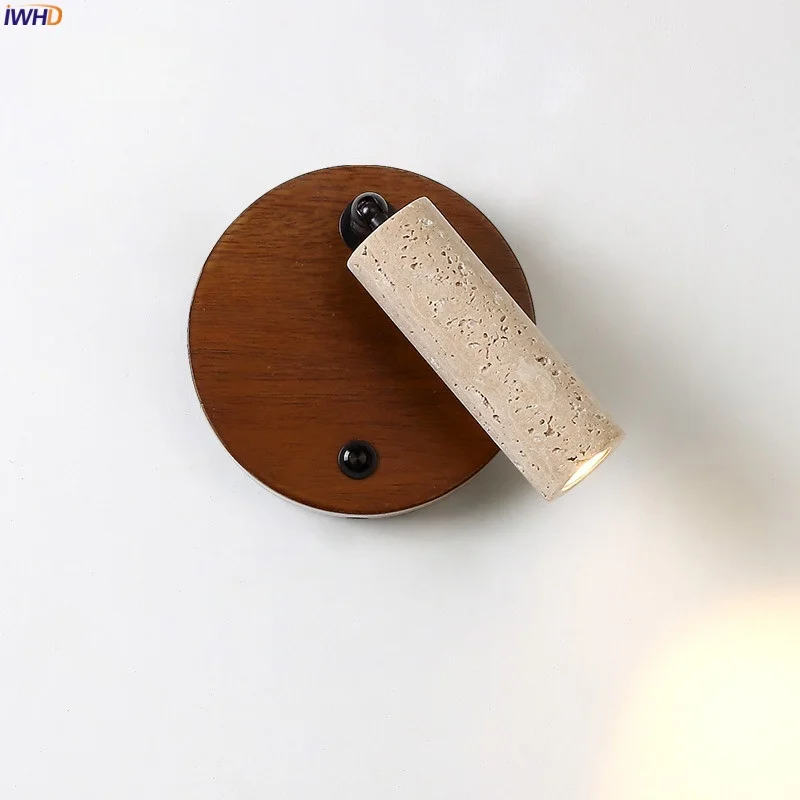 

IWHD Japan Vintage LED Wall Lamps Interior Lighting Yellow Travertine Wood Bedroom Decor Bathroom Mirror Lights Applique Pared