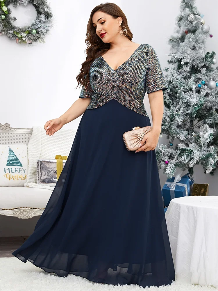 Plus Size 4xl V-Neck Short-Sleeved Colorful Sequined Long Chiffon Women\'s Evening Dress Banquet Wedding Sequined Evening Dress