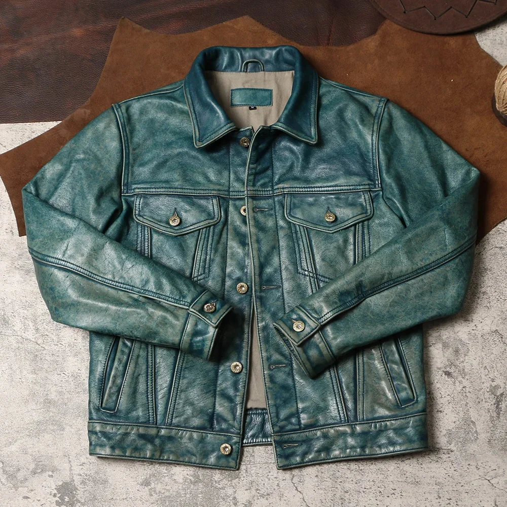 shipping.CC.Men Free Vintage 507 style leather jacket.Light Blue Retro short real cowhide coat.heavy quality slim cloth