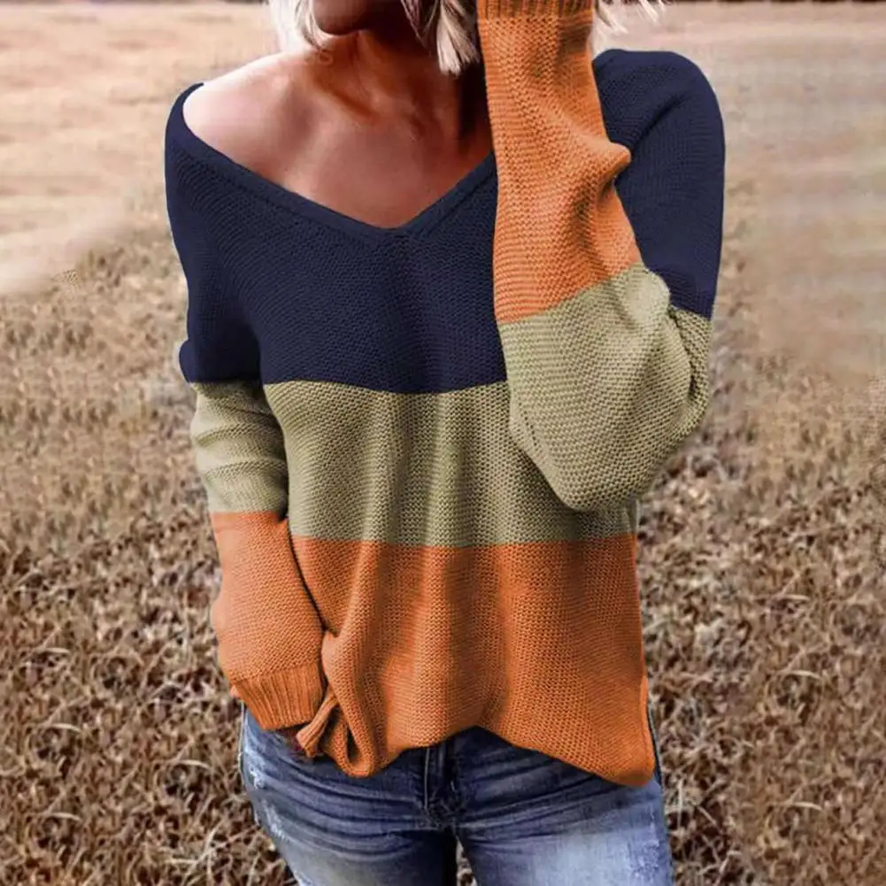 Women Sweater	Ribbed Cuff Long Sleeve Knitted Sweater Fall Winter Striped Patchwork V-Neck Women Sweater Female Clothing