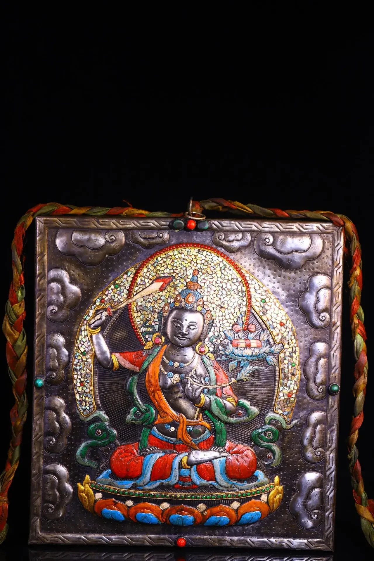 

14"Tibetan Temple Collection Old Tiantie Cinnabar Mosaic Gem Shell Manjushri Bodhisattva Buddha Statue Worship Hall Wall hanging