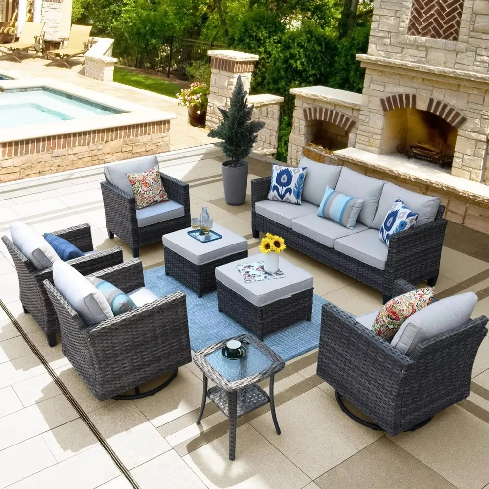 

Patio Furniture Set, 8-Piece Outdoor Wicker Sofa with Swivel Rocking Chair and Comfortable Cushions, Grey