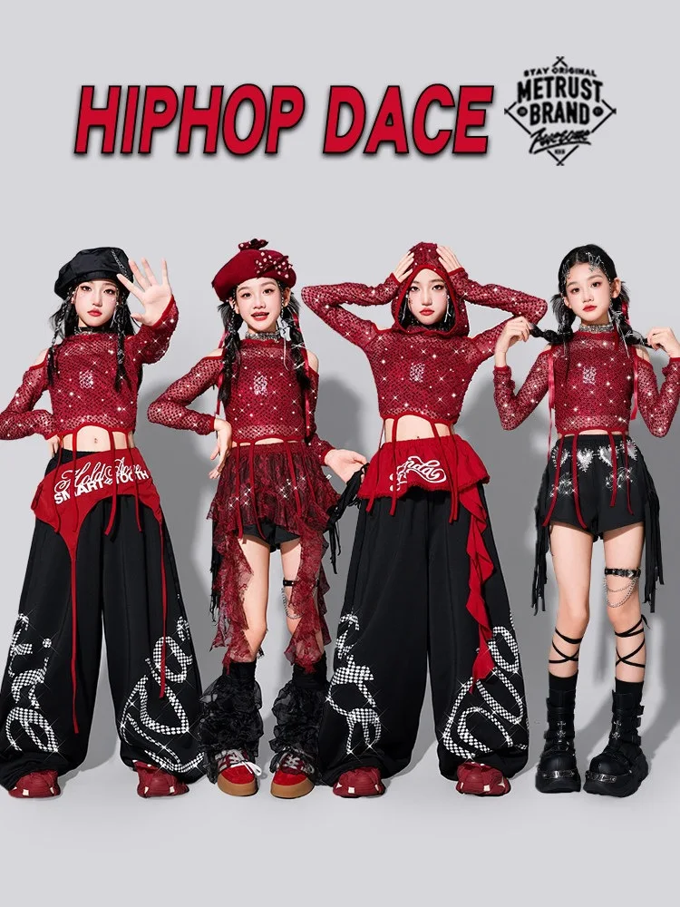 Girls Kpop Sequin Crop Hoodies Cargo Pants Street Dance Shorts Child Hip Hop Costume Kids Streetwear Jazz Girl Group Clothes Set