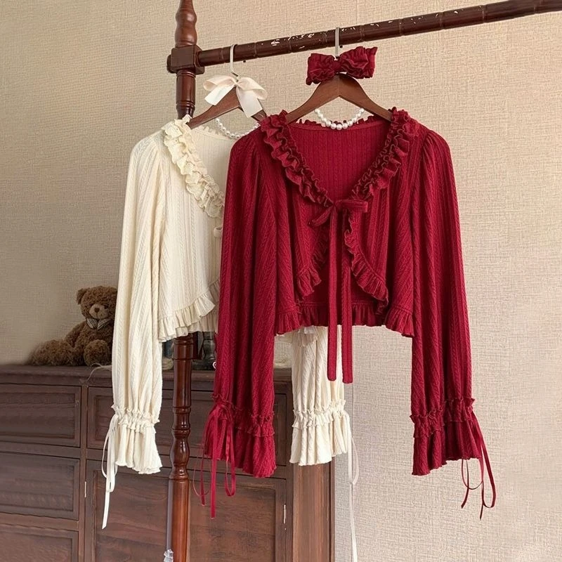 

NONSAR Lolita Sweet Short Knitted Cardigan 2025 Spring Autumn New Kawaii Japan Style V Neck Lantern Sleeve Cardigan Crop Top