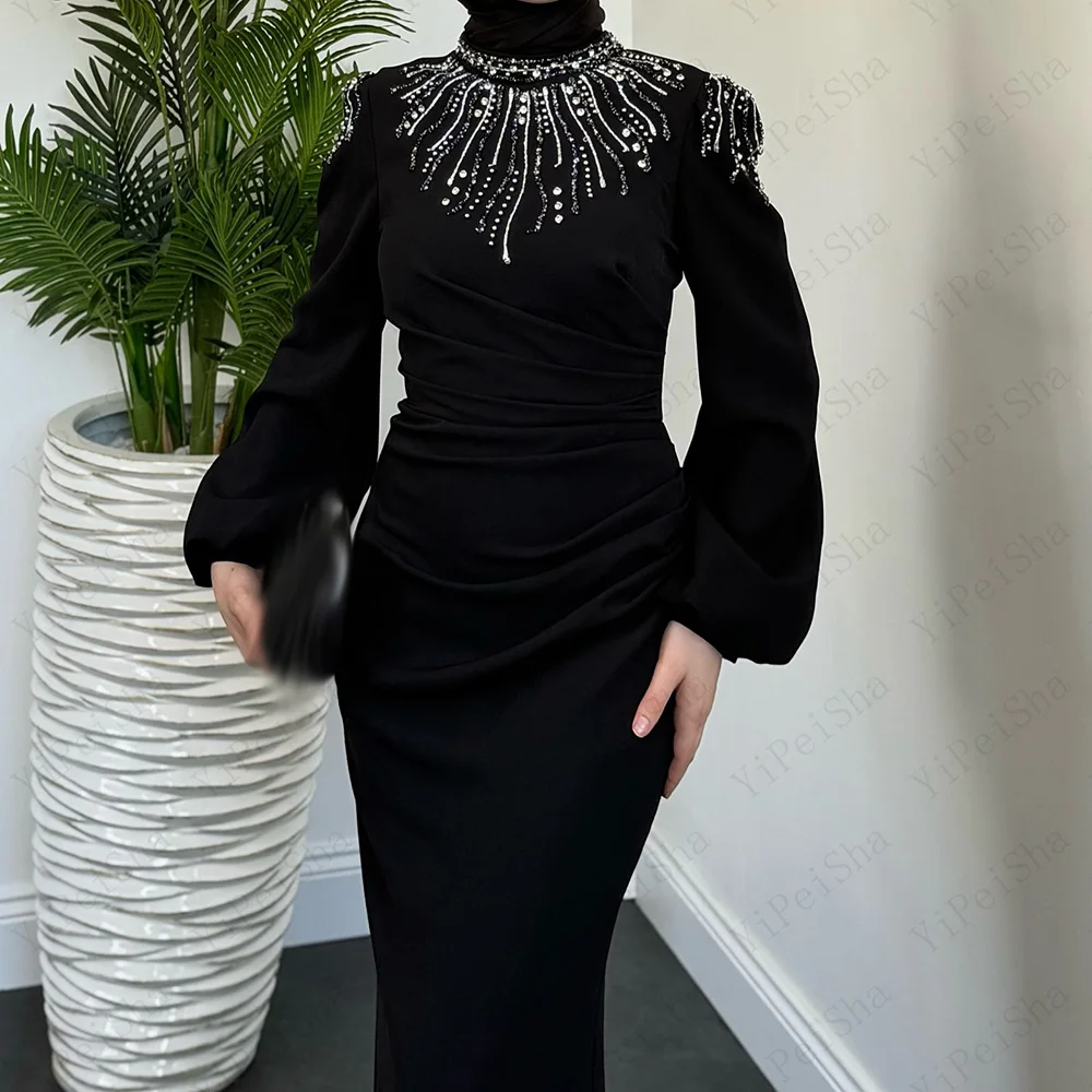 Op maat gemaakte zeemeermin galajurken Vloerlengte Hoge hals Avondjurk met volledige mouwen Mode Kristallen kralen Gedrapeerde feestjurk