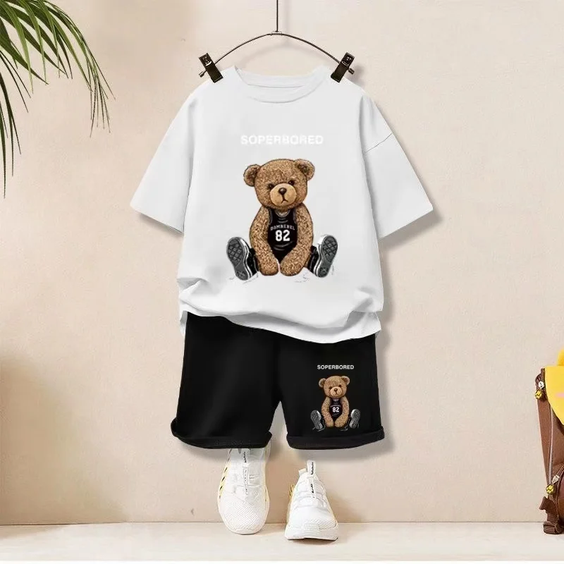 Set di vestiti estivi per neonate t-shirt e pantaloncini a maniche corte per bambini vestito da 2 pezzi vestito con fondo superiore stampato orso