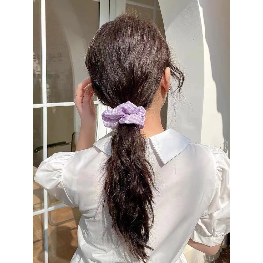 New Spring Summer Girls Fairy Purple Scrunchies Mesh White Plaid Dots Elastic Hair Bands Hair Accessories Fresh Simple Large Gum