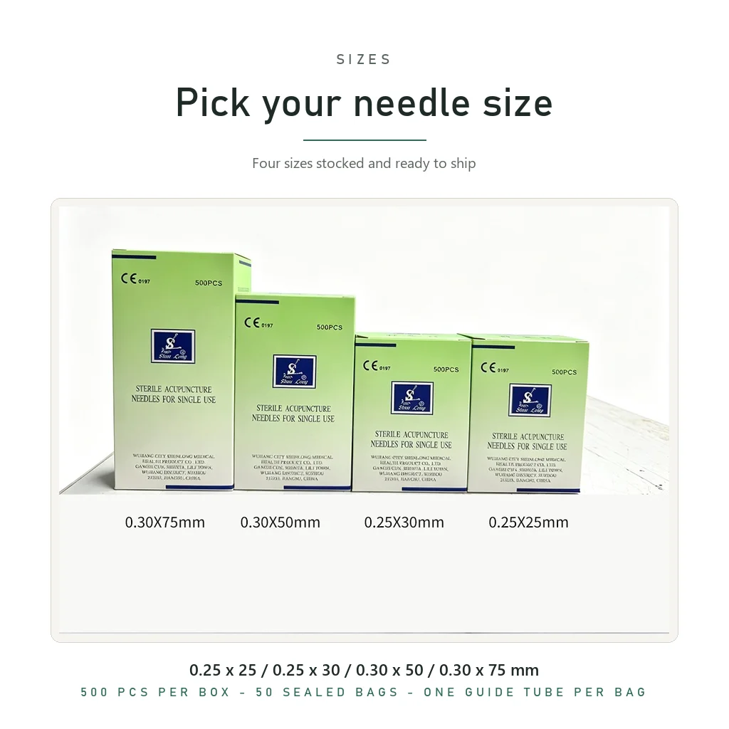 500 PCS Sterile Acupuncture Needles with Guide Tube Disposable Single Use Shenlong 0.25x25mm 0.25x30mm 0.30x50mm 0.30x75mm