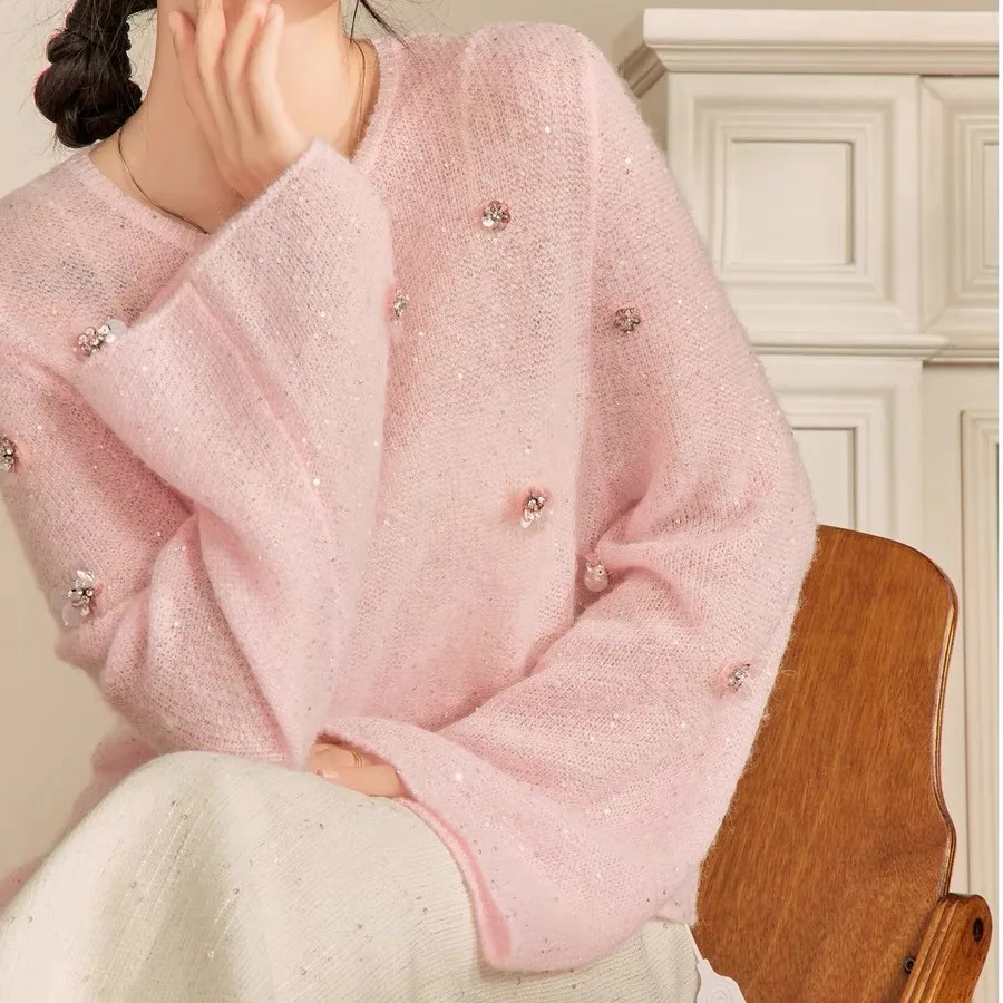 

High Quality Fashion Autumn Girls Pink Sequins Diamonds Pullovers Elegant Women O Neck Flare Sleeve Knitted Loose Sweater Tops