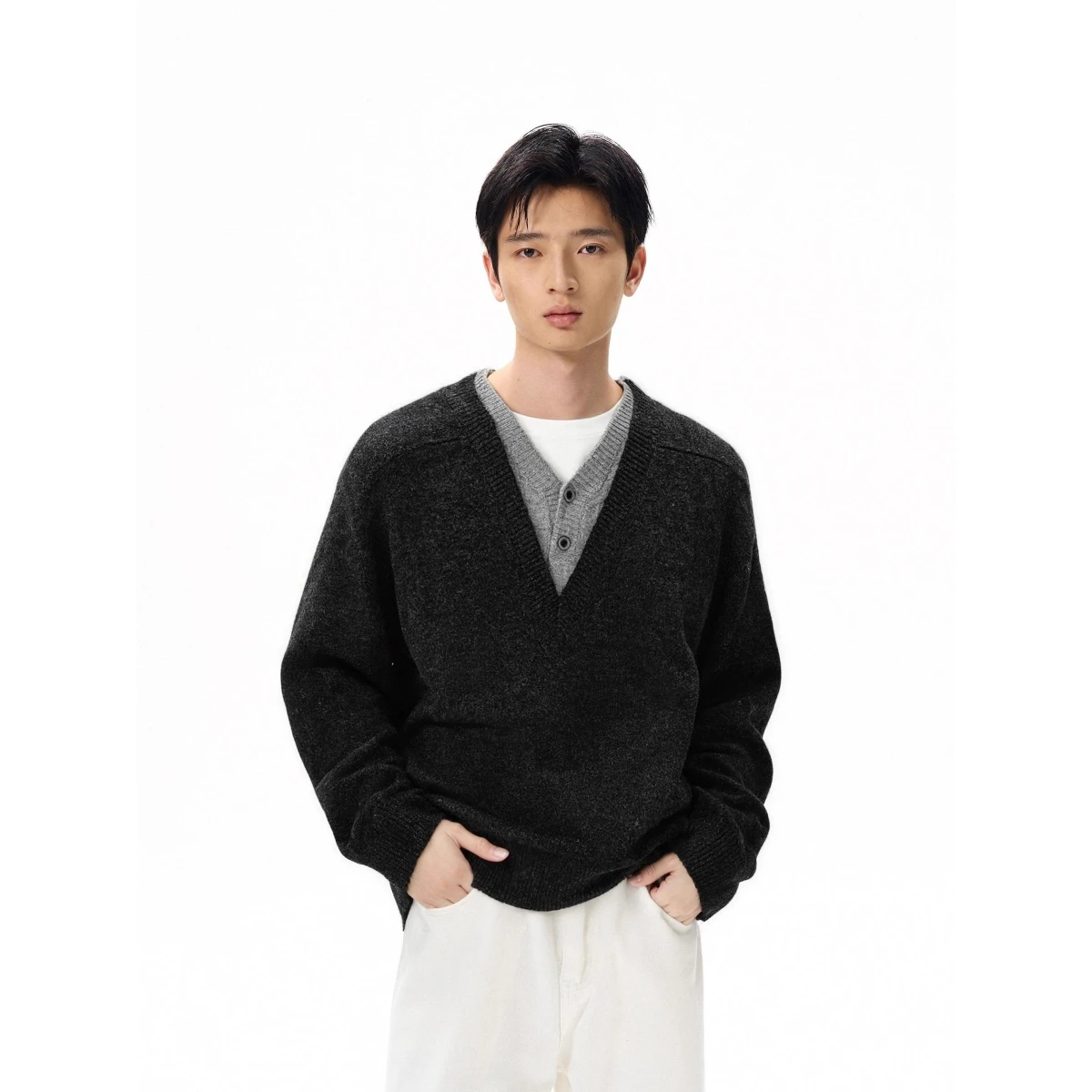 

Deep ey V-Ne Knitted Sweater Men's Sle Lazy American Retro Open Cardigan Coat Loose Fit Soft Polyester Autumn Winter Wear