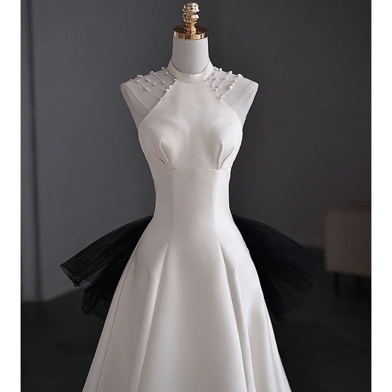 custom 18142#Elegant White Pearl Halter A-line Wedding Dress with Court Train Black Bow Hem Formal Evening Party Gown for Women