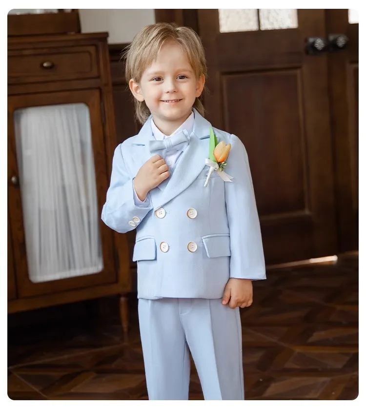 Children Sky Blue 5Pieces/Set Jacket Vest Pants Bowtie Flower Photography Suit Boys Ceremony Costume Kids Birthday Wedding Dress