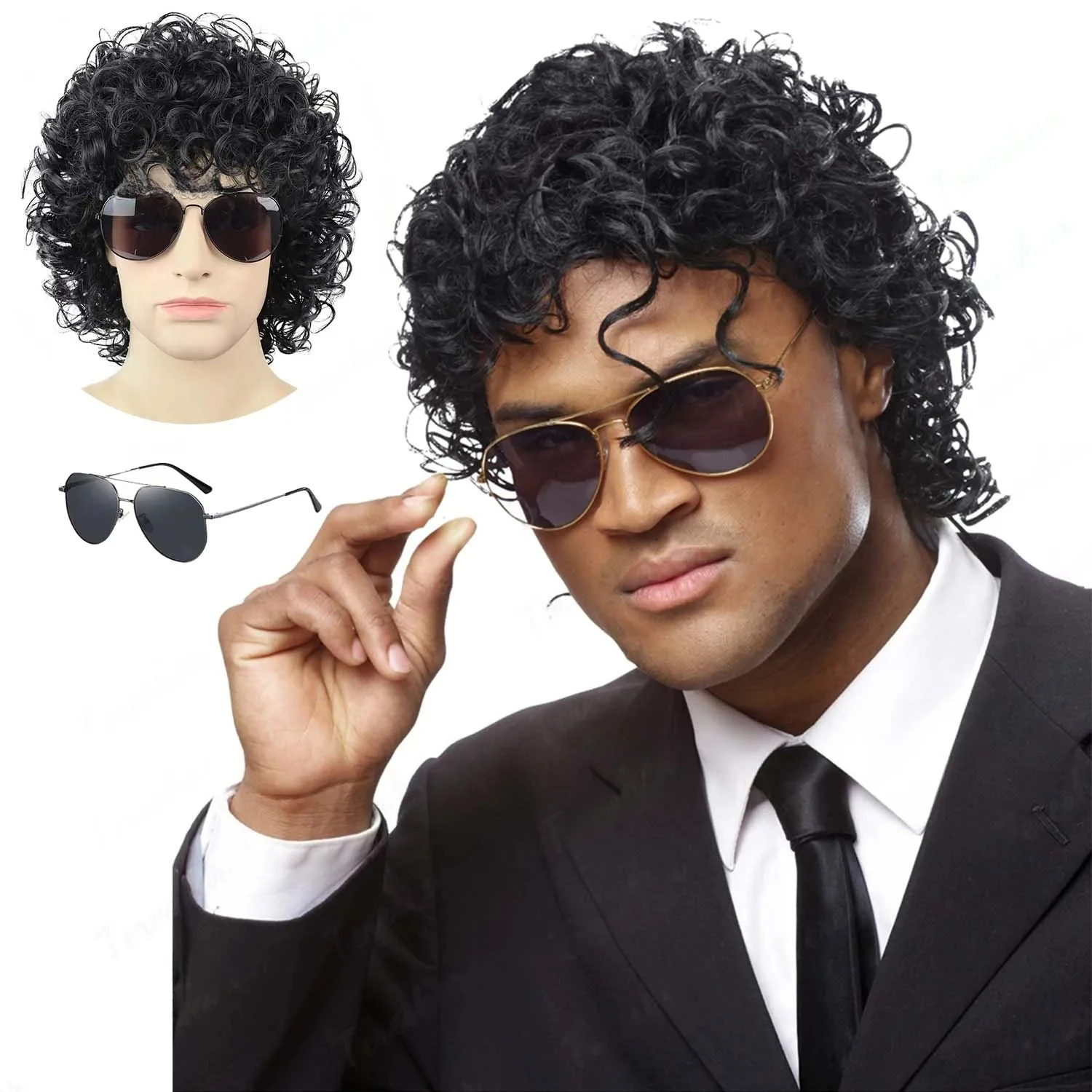 Peruca Sintética Masculina Preta Curta Cacheada Estilo Rocker Disco com Óculos, Peruca com Efeito Molhado para Meninos, Peruca Mullet Anos 70, Peruca para Cosplay de Michael Jackson