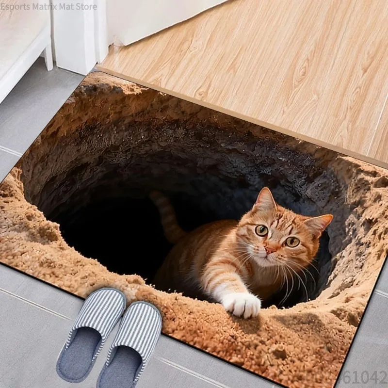 3D Optical Illusion Cat Round Hole Door Mat Daily Home Absorbent Anti-slip Carpet Living Room Bedroom Bathroom Doorway Decor R