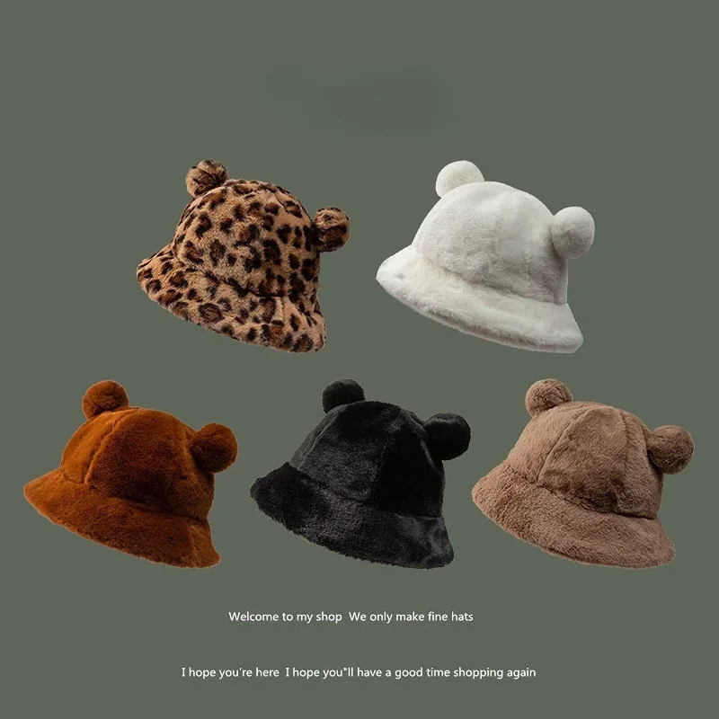 Cute Autumn Winter Leopard Fur Bucket Hat Bear Ear Ball Plush Fisherman Hat Soft Warm Thick Basin Hat Sun Protection Bucket Hats