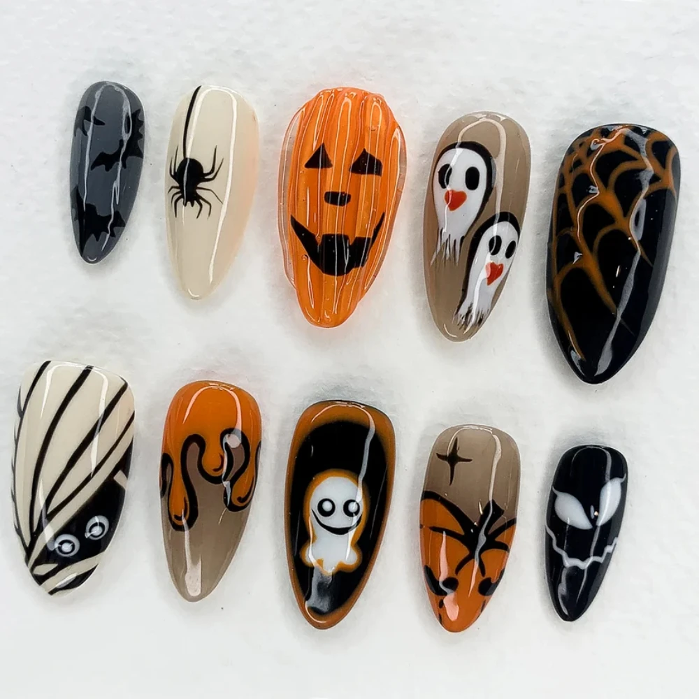 Handmade Press On Nails Halloween Carnival 3D Evil Pumpkin and Cute Ghost Medium Almond Fake Nails Design Art DIY Nails with Set