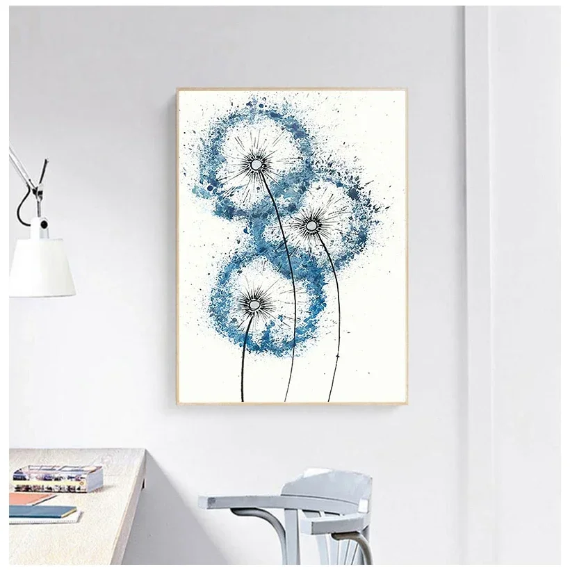 1pc frameless Canvas Painting Nordic  Abstract Minimalist Blue Dandelion Posters Art Watercolor Canvas Pictures For Living Room