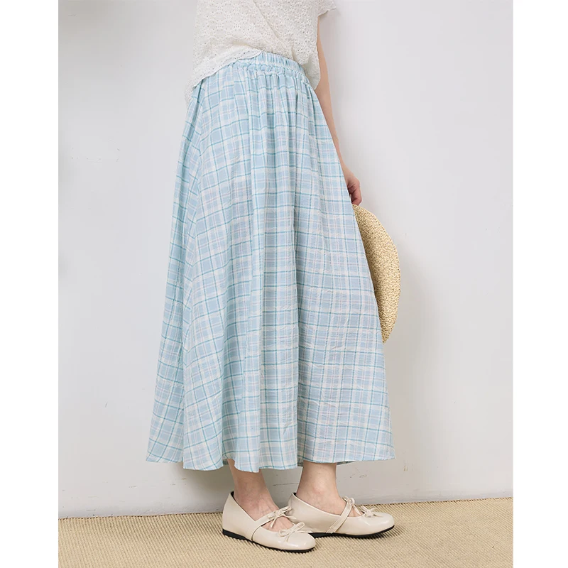 

Annuus Plaid Midi Skirt Japanese Sle Fre A-Line f-length Skirt Polyester Cotton Cheered Skirt Summer Collection