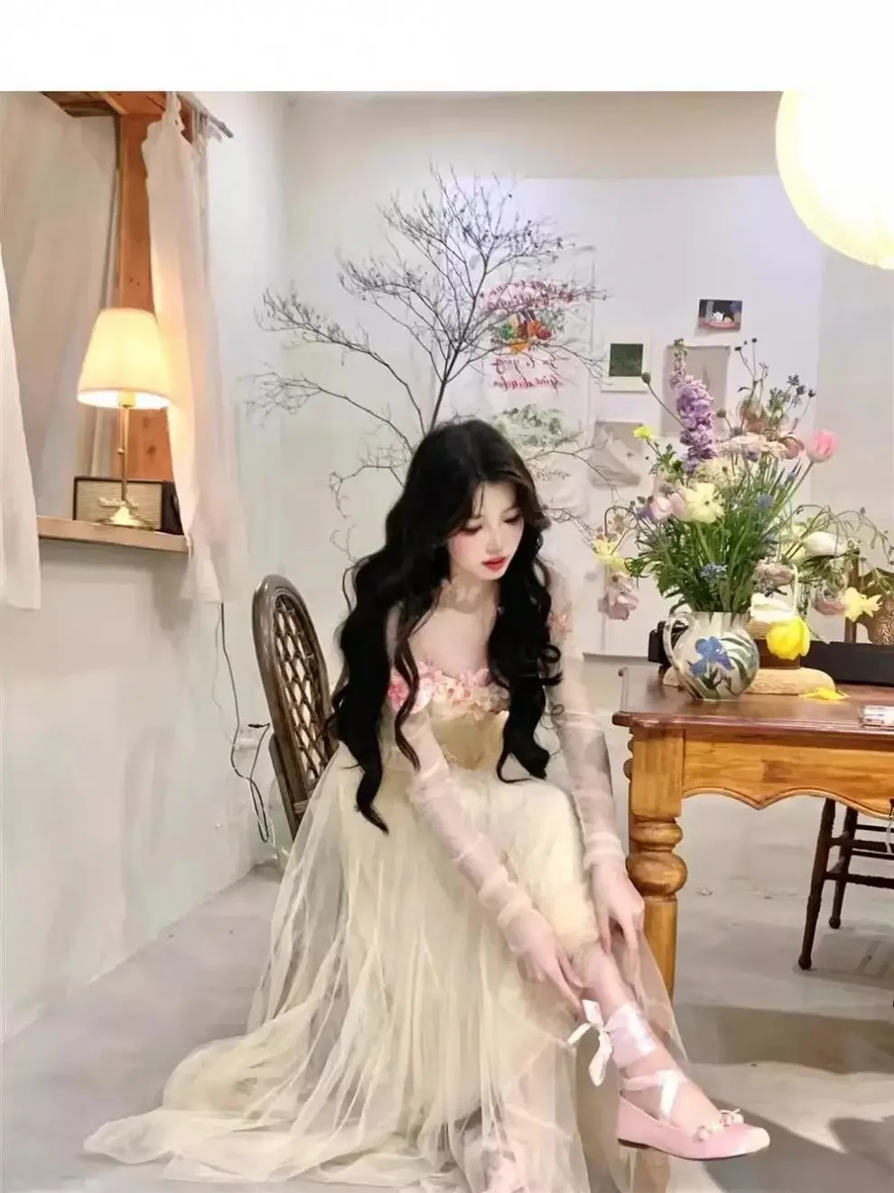 فستان جنية أنيق على الطراز الكوري الجديد للنساء لربيع وصيف موضة مأدبة سهرة فساتين ماكسي على شكل زهرة عتيقة