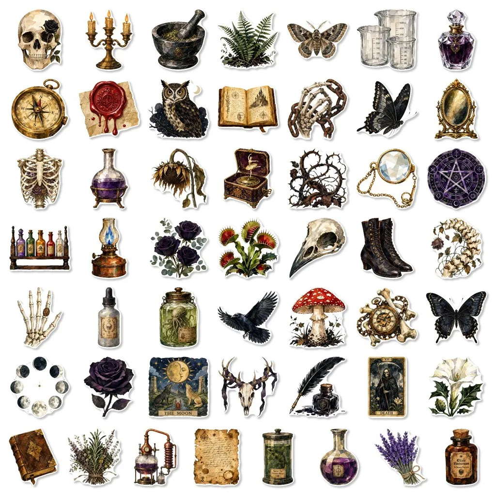 50Pcs Medieval Gothic Mysterious Sticker Pack Vintage Old Page Poison Rose Moon Phase Pattern Decal for Halloween Aesthetic DIY