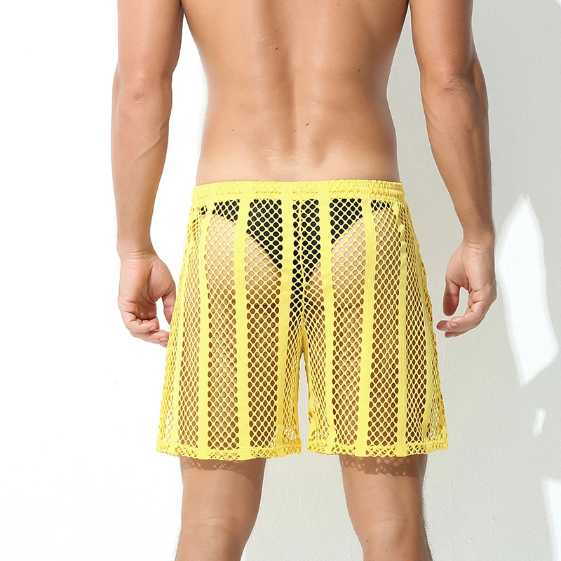 2025Men's Transparent Swimwear Board Shorts Sexy Summer Solid Drawstring Quick Dry Beach Shorts Man Mesh Breathable Board Shorts