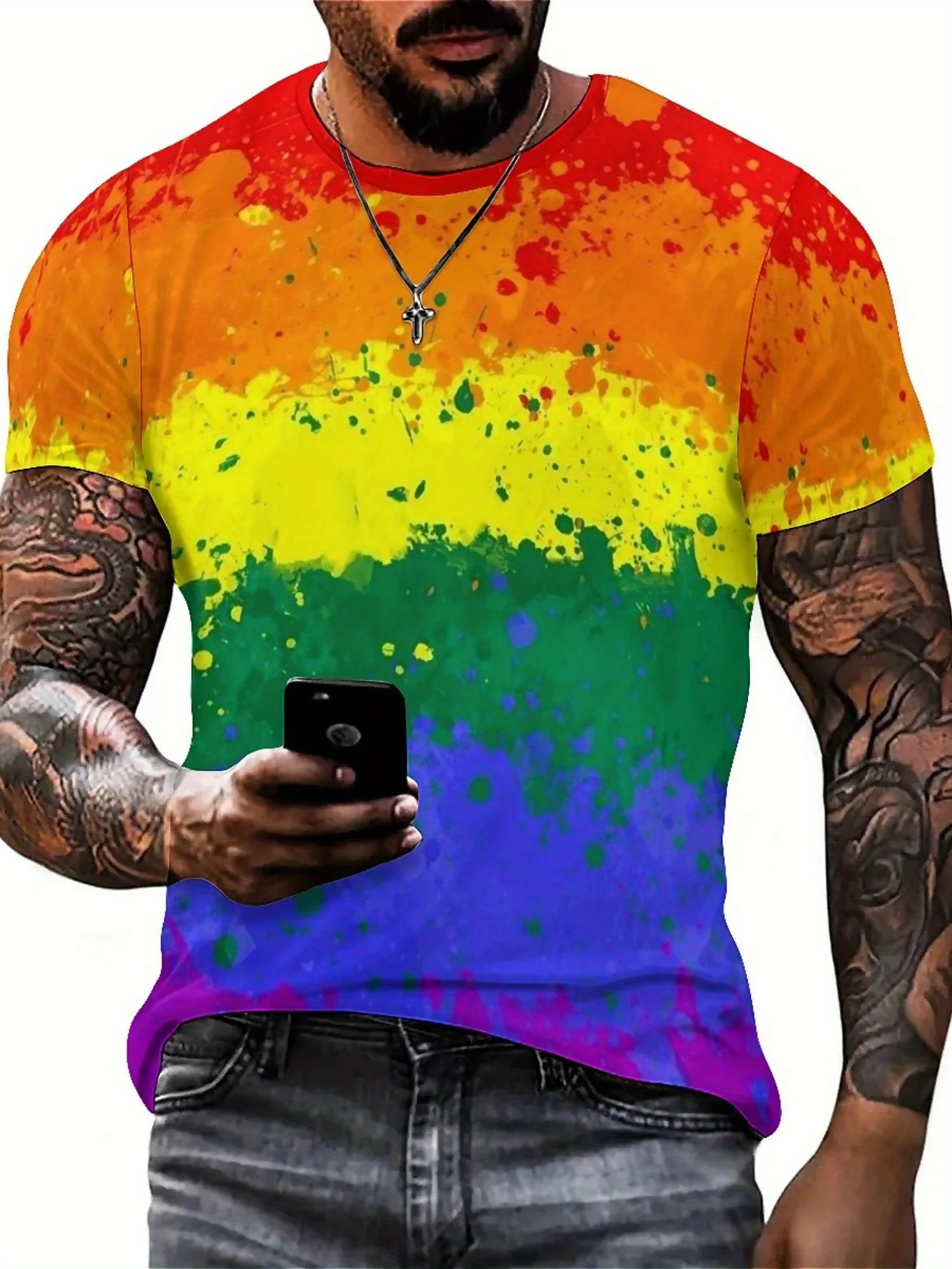 Camiseta de manga corta con estampado 3D de arcoíris para hombre en estilo europeo y americano Con estilo étnico, perfecta para vacaciones