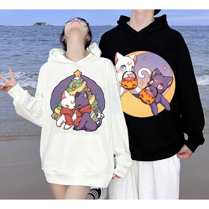 2025 nuevo Sailor Moon Luna & Artemis-sudaderas con capucha temáticas para parejas, Otoño Invierno, sudaderas con estampado de gato de dibujos animados Kawaii, abrigos con capucha