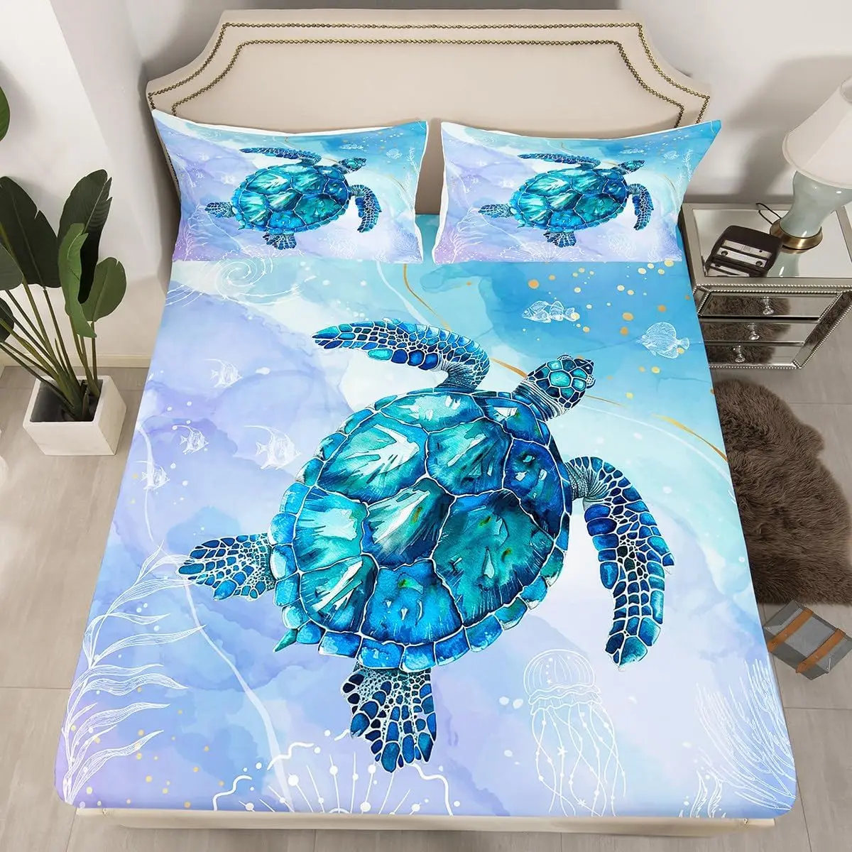 Ocean Sea Turtle Fitted Sheet Twin Queen Ocean Theme Sea Turtle Bed Sheets, Underwater World Sheets Set Marine Life Bed Cover
