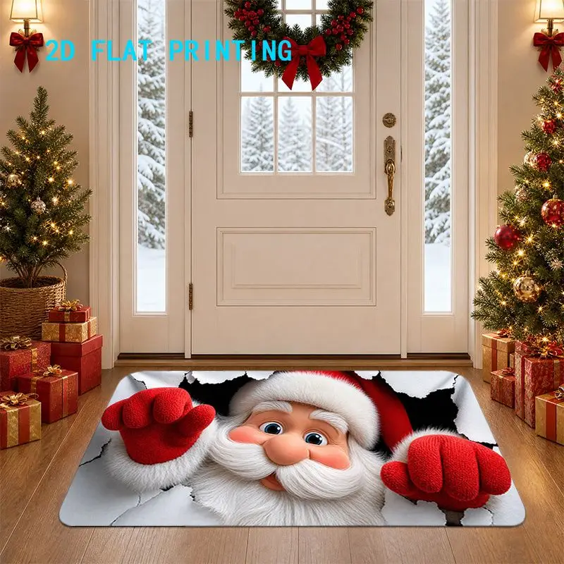 VIKAMA 3D Illusion Christmas Doormat Santa Claus Peeking Broken Wall, Funny Entrance Mat Front Door, 2D Flat Non Slip Rug, Xmas