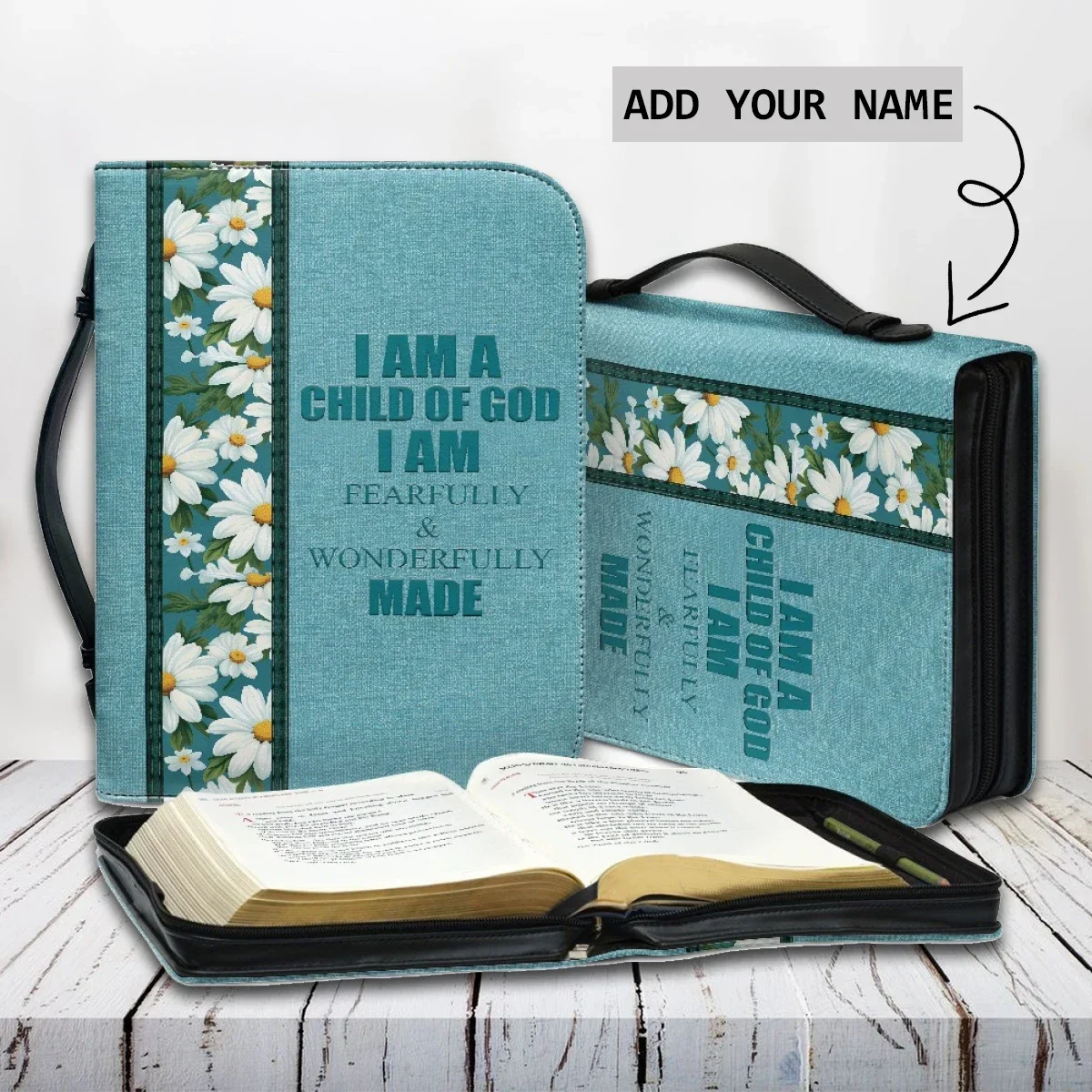 

I Am A Child Of God Print Daisy Design Women's Bible Bag Handbag Practical Zippered Handle Study Book Holy Storage Boxes 2023