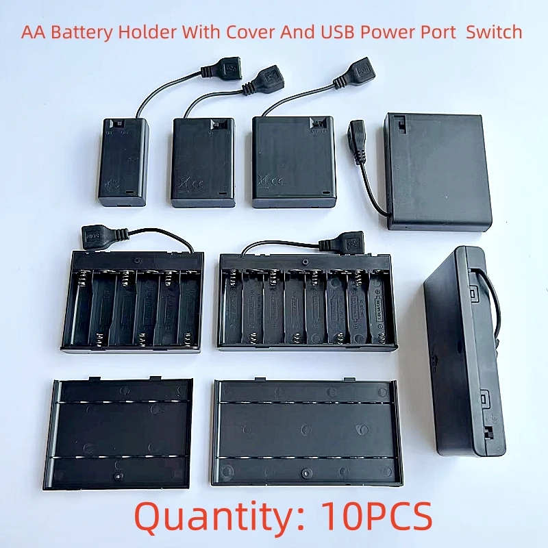 10PCS 2/3/4/6/8 Slot AA Battery Holder With Cover And USB Power Port  Switch AA Battery Box  LED Light Strip DIY