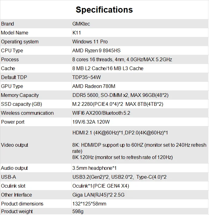 GMKtec K11 Nucbox AMD R9 8945HS Mini PC DDR5 5600MT/s SSD PCIe4.0 Win11 Pro Quad Screen Display OCulink Desktop Gaming Computer