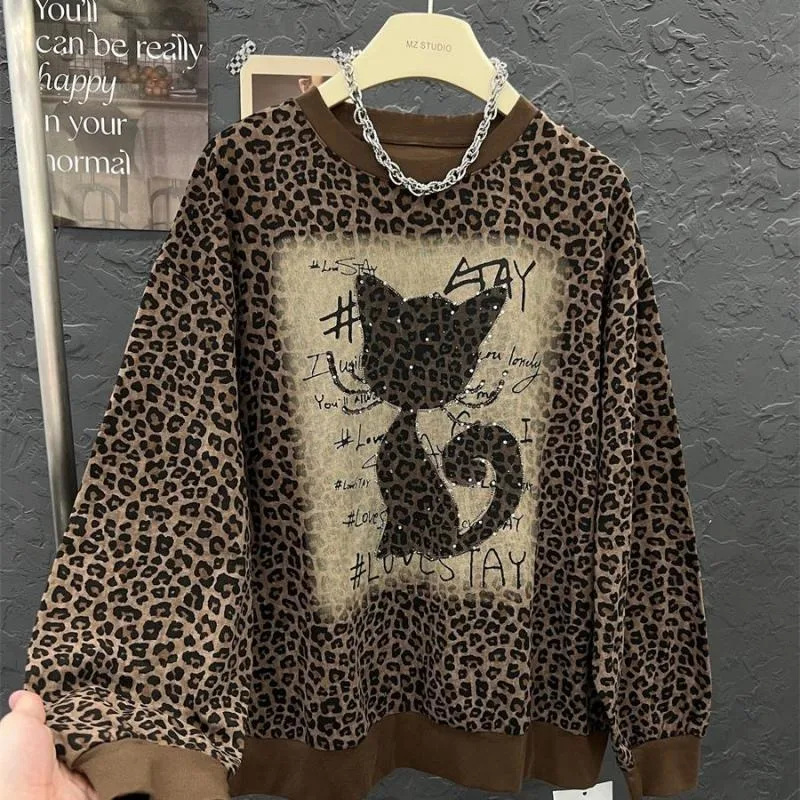 Women Crystal Cute Cat Brown Leopard Print Hoodie High Street Personality Fashion Sweatshirt Loose Baggy Retro American Y2K Tops