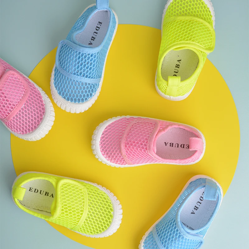 Spring Kids Outdoor Colored Breathable Flat Mesh Sneakers Toddlers  Light Weight Walking Anti-slip Shoes EY8236 EY8237