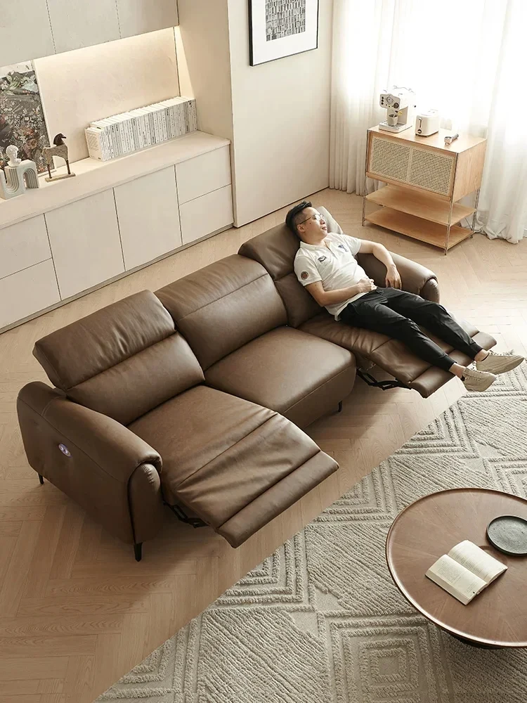 

Новый кожаный диван для гостиной, 2023, новый итальянский минималистичный диван из воловьей кожи первого слоя, прямой ряд, электрический функциональный диван