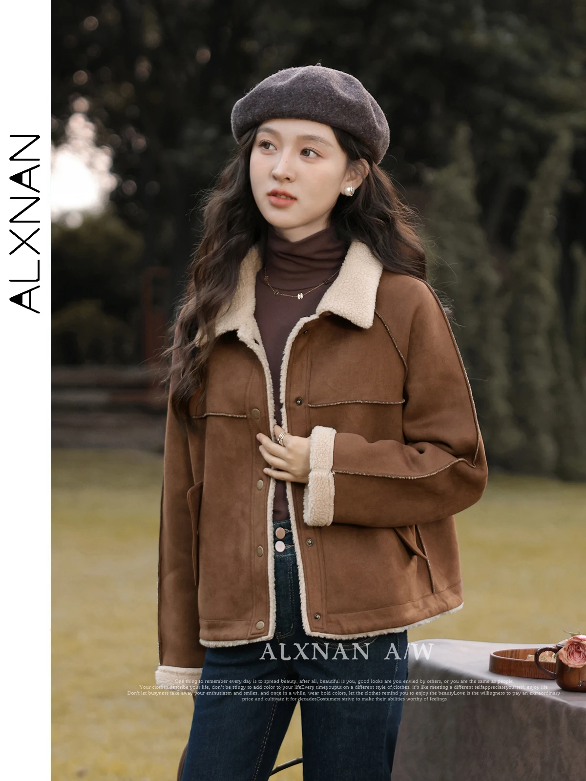 เสื้อแจ็คเก็ตสั้นผู้หญิง ALXNAN สีน้ำตาลอ่อน แต่งผ้าแบบ Patchwork ปกเสื้อแบบปกเชิ้ต ผ้าขนแกะทรงตรง เสื้อโค้ทฤดูใบไม้ร่วง ฤดูหนาว สไตล์วินเทจ รุ่น VL330203