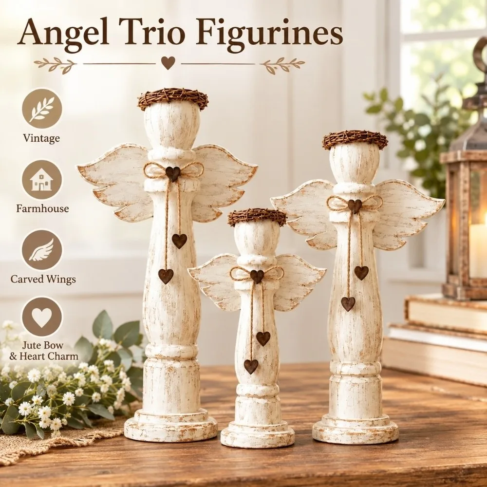 3Pcs Vintage Angel Figurine Set Rustic Farmhouse Shelf Decor Carved Wings Heart Charm Tabletop Ornament Home Shelf Decor