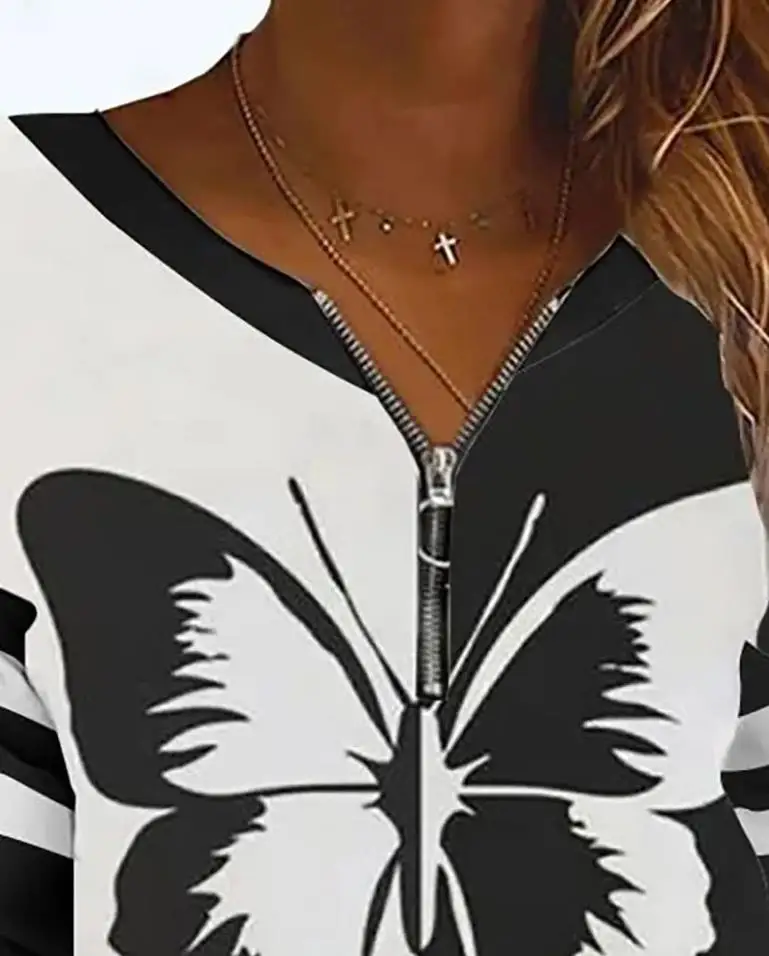 Damska bluza rozpinana z nadrukiem motyli, blokami kolorów i paskowanymi rękawami, stylowa, codzienna bluzka.