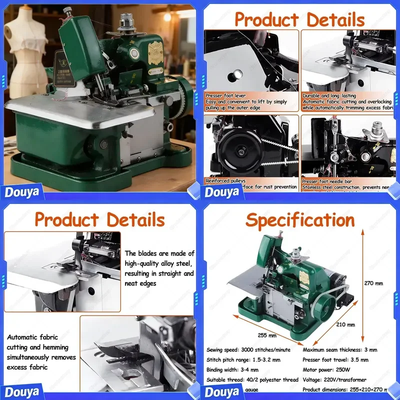 Overlock Sewing Machine with Metal Chassis, 3000 SPM, Simultaneously Completes Sewing, Hemming, And Cutting, Ideal,