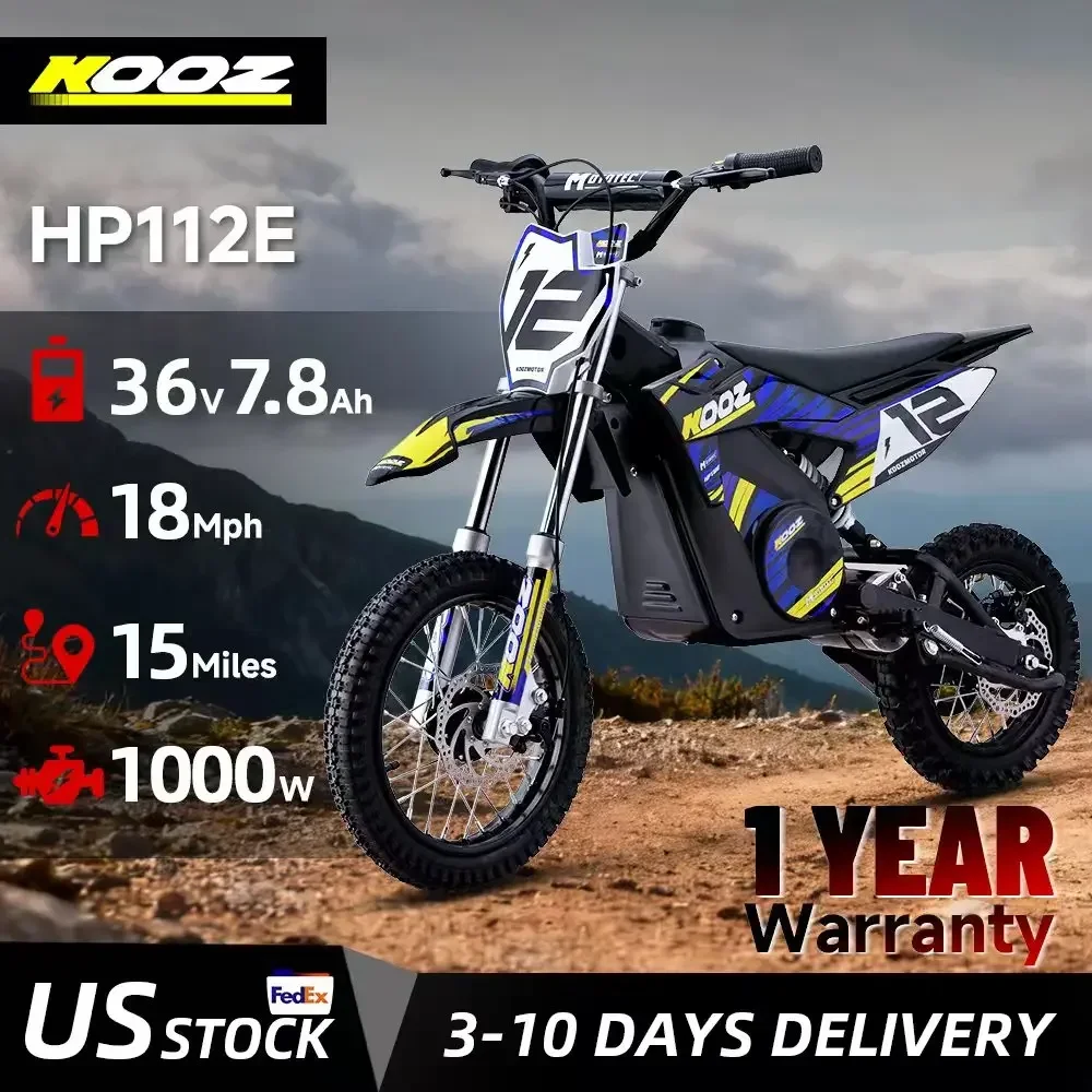 

KOOZ HP112E 36V 1000W Electric Dirt Bike for Kids, 3 Speed Modes, Electric Motorcycle Up to 18 MPH & 15 Miles Long-Range.