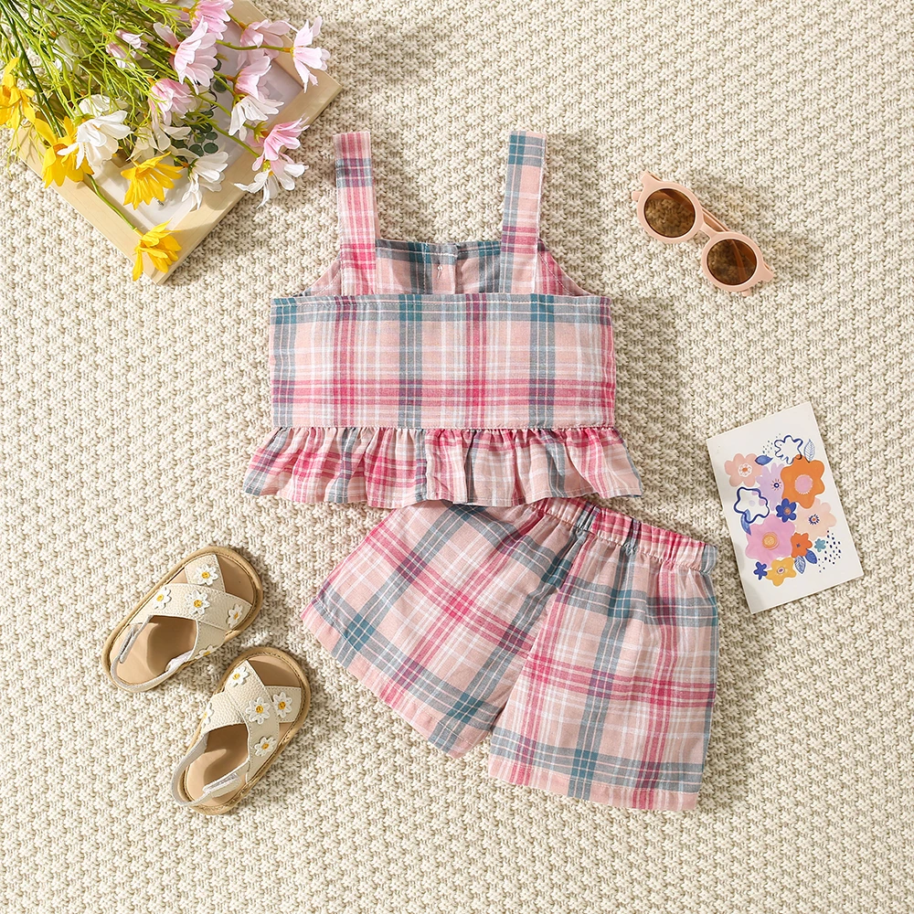 Summer Baby Girl Cotton Colored Plaid Suspender Top And Shorts Set, Cute Lace Small Fly Sleeve Beach Two-Piece Set For Girls