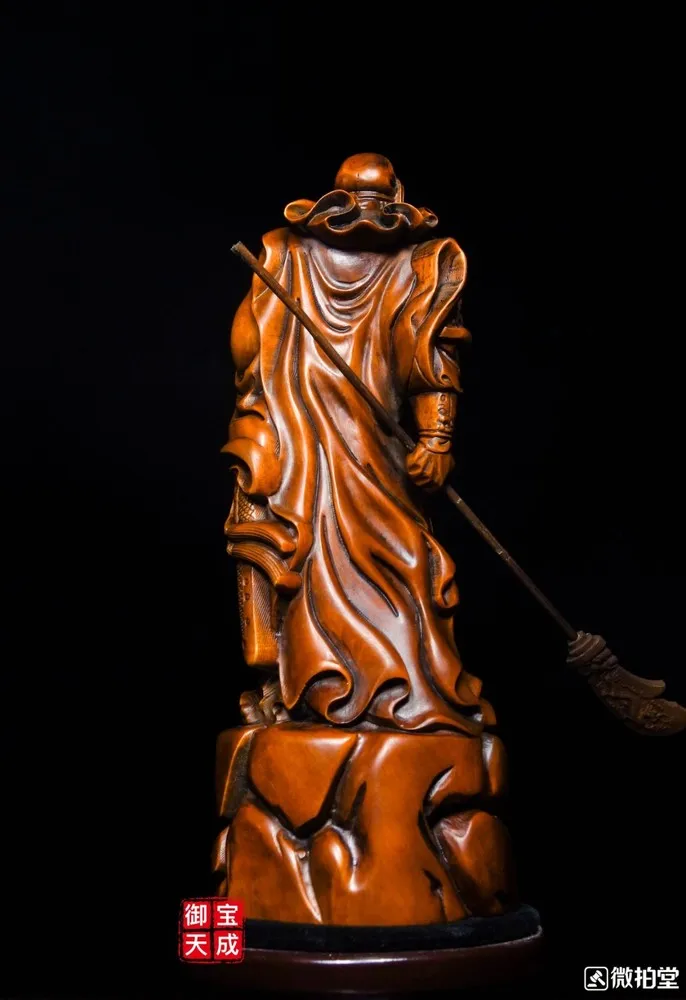 Chinese Boxwood Wood Carved Dragon Warrior Wealth Mammon Guan Gong Yu God Statue view 4