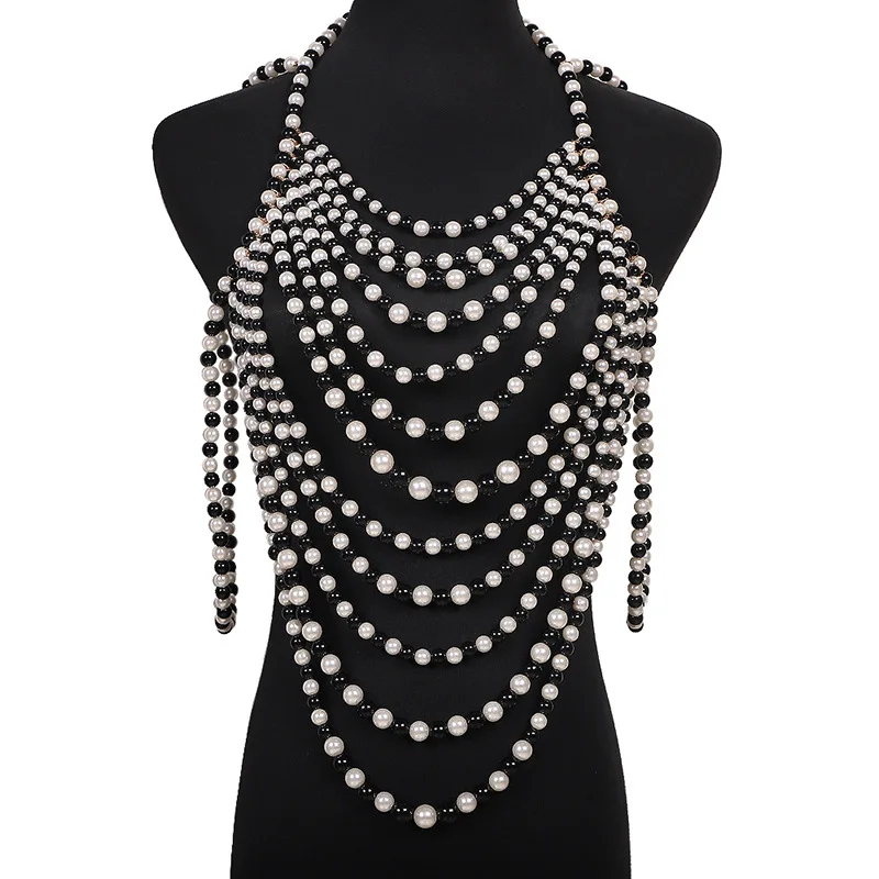 

P0530 Fashion Women White Black Pearls Waist Belly Body Chain Pearl Jewelry Harness Chains Clothing Accessories