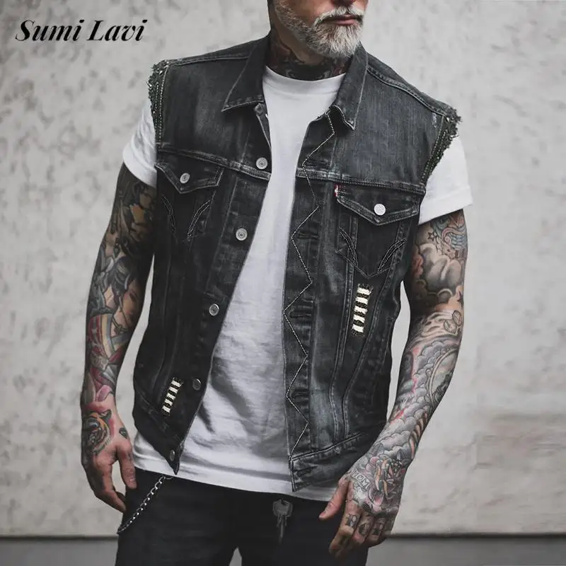 

Rock Band Style Denim Vests Men Coat Spring Summer Vintage Skull Printed Sleeveless Jean Tank Tops Men Fashion Ripped Camisoles