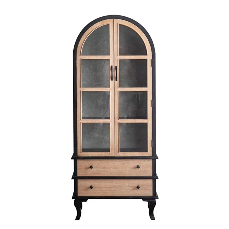 Arched Bookcase French Vintage Wine Cabinet Glass Door Locker Nordic Side Cabinet Antique Wood Bookcase