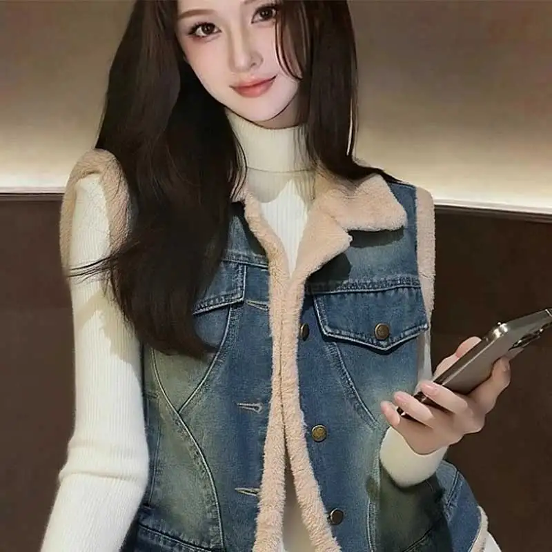 

Women Clothing Autumn Winter Fashion Korean Casual Button Solid Color Turn-down Collar Women Loose Fleece Soft Warm Vest Top Te