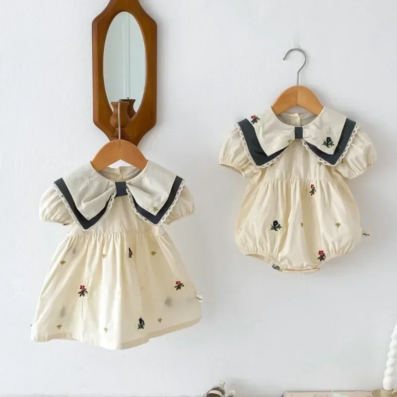 2024 Baby Girls Beautiful Embroidery Dresses/Rompers Sister Newborn Wear Fashion Bow Birthday Summer Dress Body Clothes