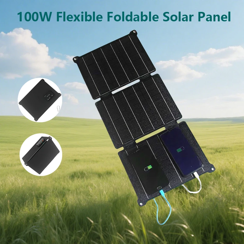 

100W Foldable Flexible Solar Panel USB DC Type-C Output Power Bank Charger for Phone Outdoor Camping Emergency Solar Charging