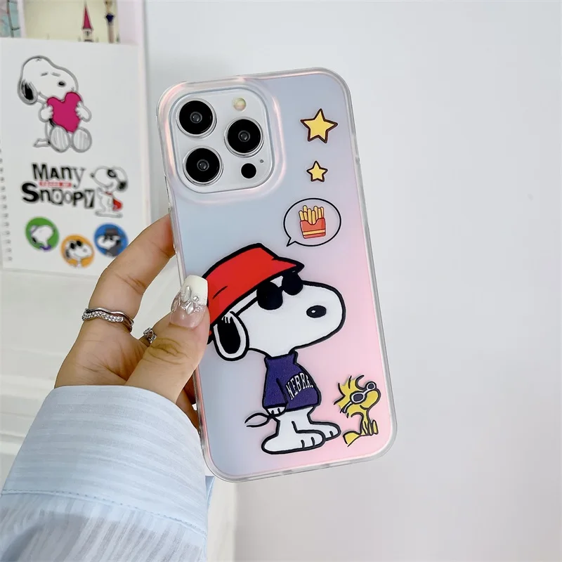 Luxury Cartoon Snoopy Charlie Brown Laser Phone Case For iPhone 15 14 13 12 11 Pro Max Cute Shockproof Protective Back Cover